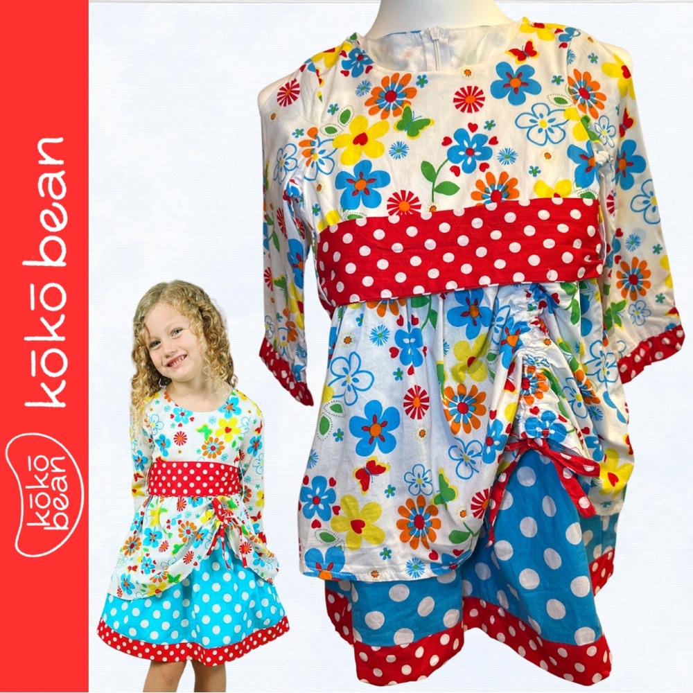 Koko Bean Kids Girls Red & Blue Polka Dot Butterfly Dress / Size 6/7